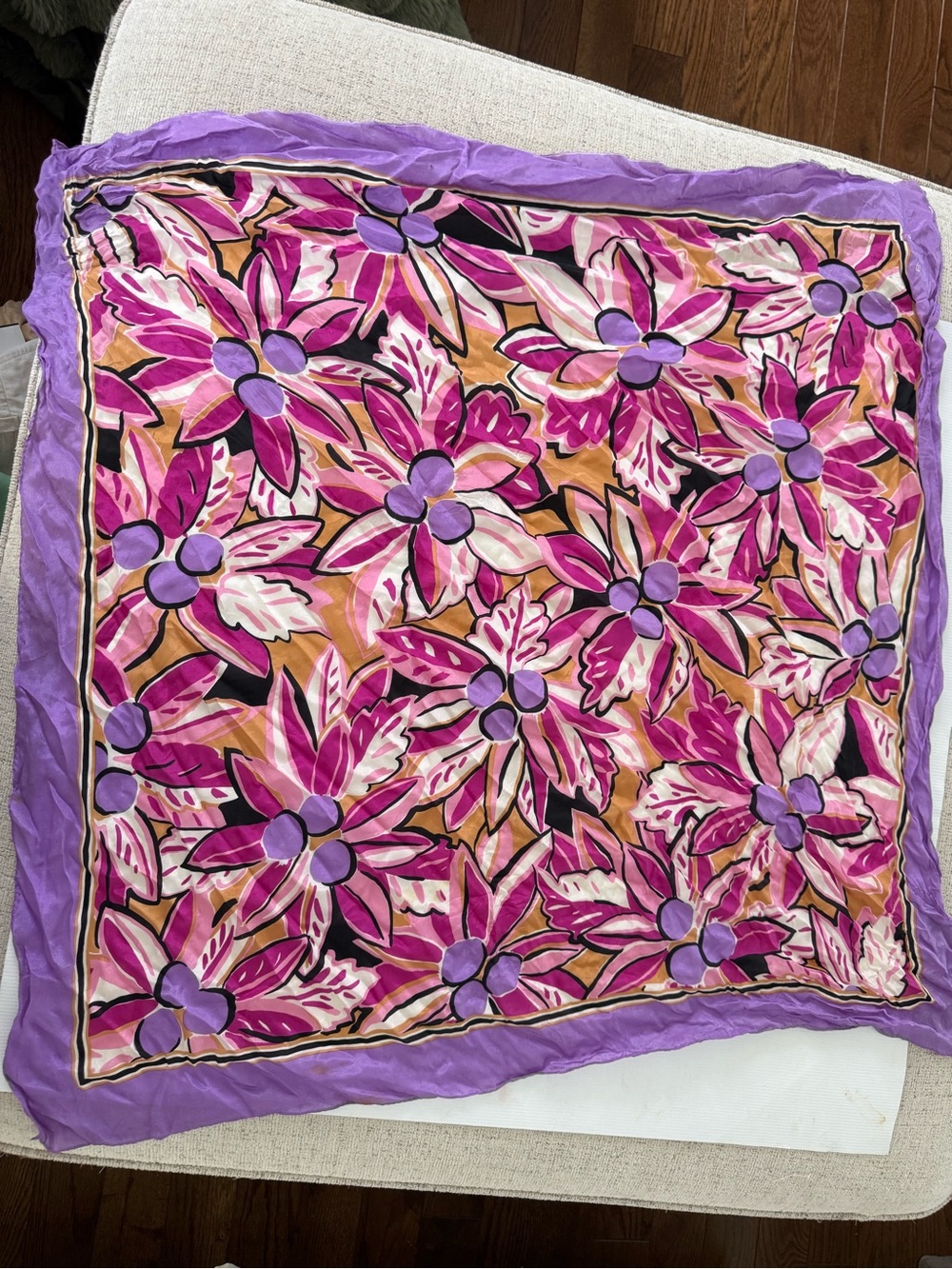 Echo Floral Silk Scarf in Purple, Pink . Edge not perfect